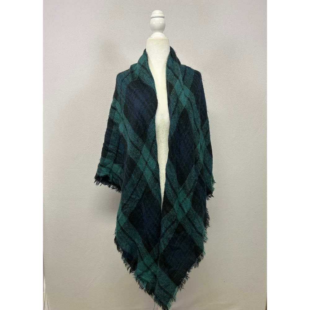 Dark Academia Cozycore Womens OS Green Navy Plaid Frayed Blanket Scarf Shawl